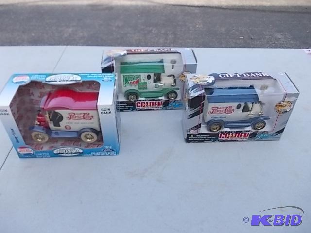 3-Old Car Coin Banks (Pepsi &amp Mountain De...