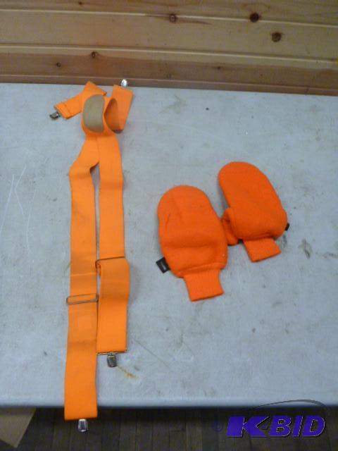 lot 185 image: Blaze Orange Hunting Mittens and Suspenders&n...