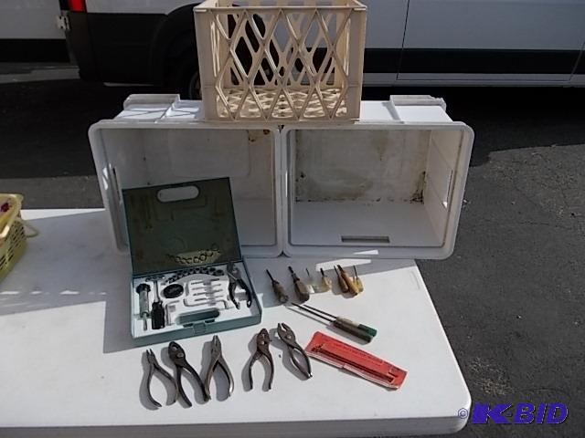 2 Tubs, Crate, Assorted Old Hand Tools, Socke...