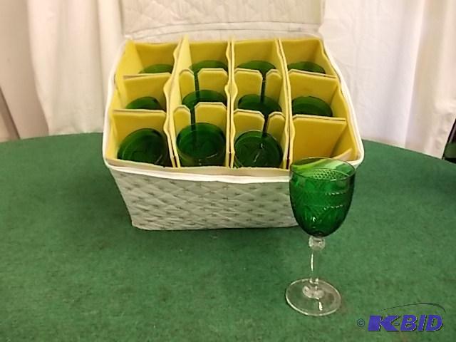 12 Green Wine Goblets In Padded Case...