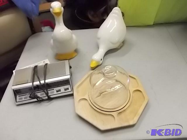 2-Ceramic Geese, Clock RadioAlarm, Wood Chee...