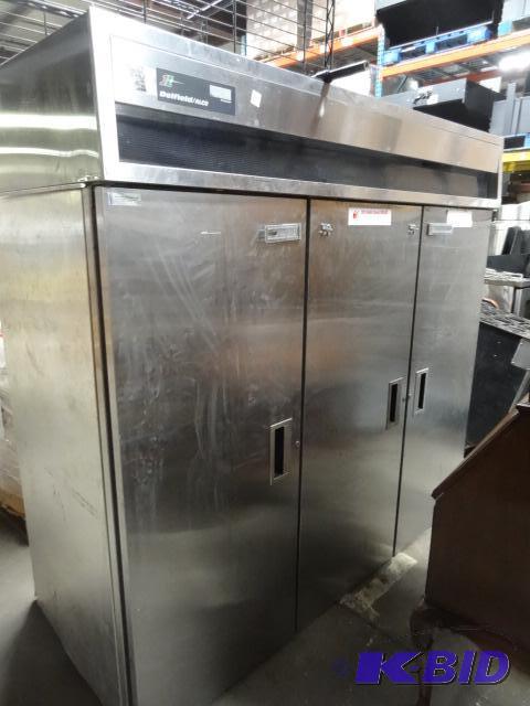 lot 28 image: Delfield 3 door freezer. 77 x 33 x 74. Has wh...