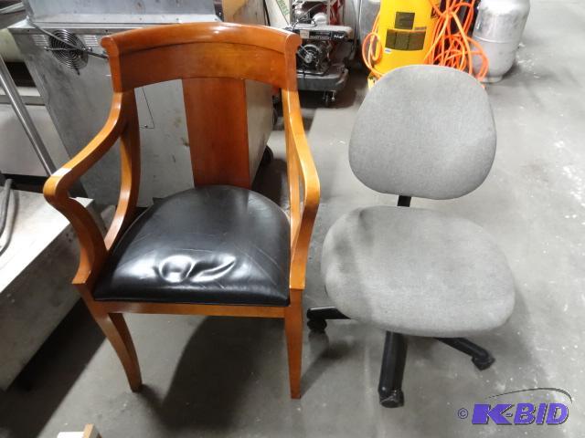lot 57 image: Office chair on wheels. Wood framed side chai...