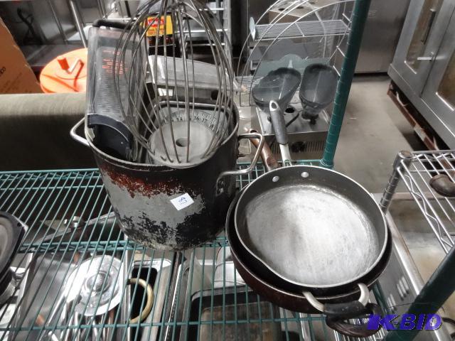 lot 87 image: Aluminum pot. Hobart wisk. Scale. 2 frying pa...
