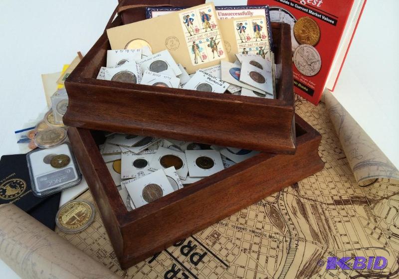 2 Antique wooden boxes full of Coins and Stamps