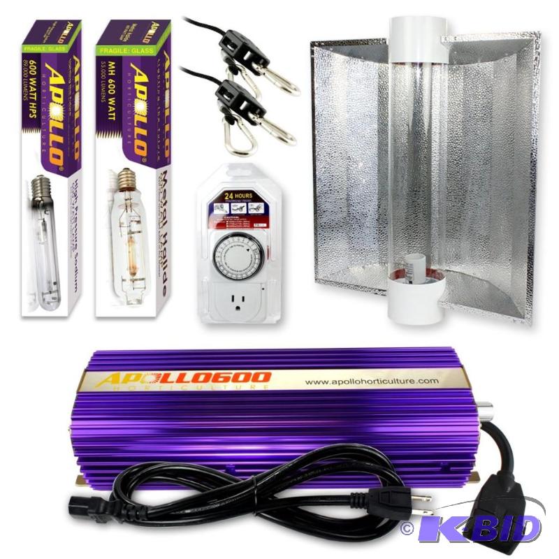 lot 4 image: Apollo Horticulture GLK600CTAC 600 Watt Grow Light Digital Dimmable HPS MH System for Plants Air Cool Tube Hood Set