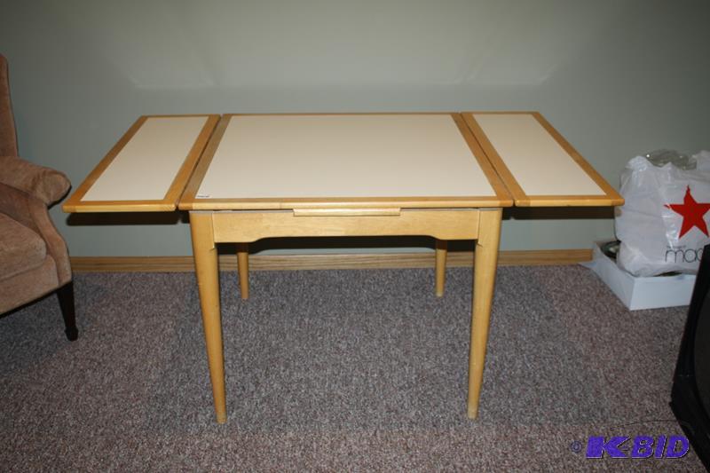 lot 2 image: Wooden table 36x36 with two 12" leaves t...