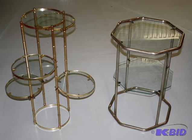 lot 30 image: 2 Glass top tiered end tables 6 sided 28x12&q...