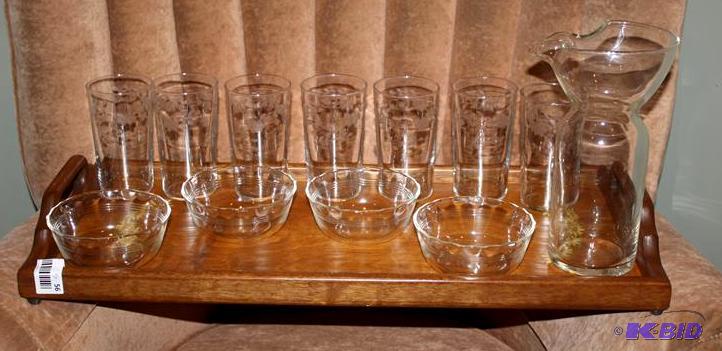 lot 9 image: Glass goblet set with pitcher and wooden tray...