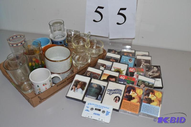 lot 55 image: Punch cups, misc. cups and glasses, cassette tapes