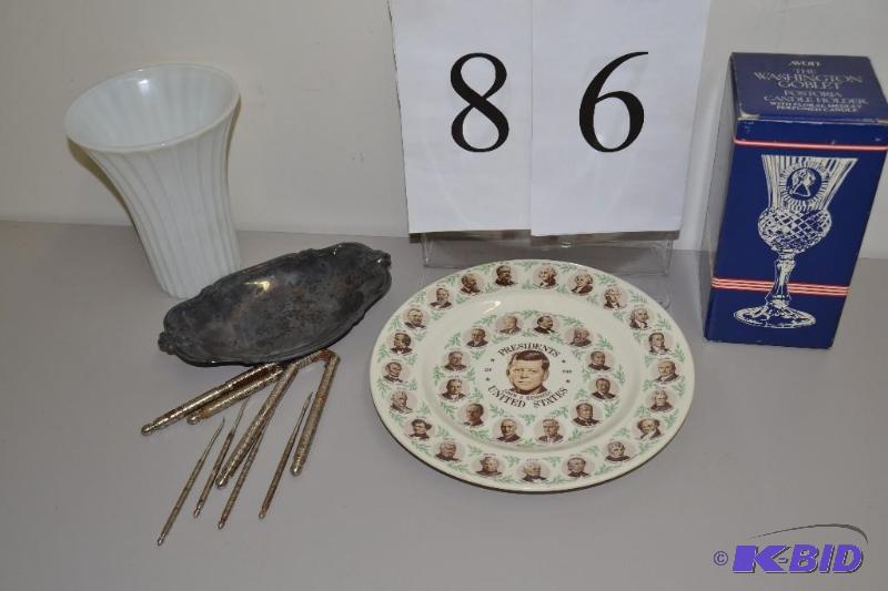 lot 86 image: Presidential plate, serving dish and nut crackers, Avon Goblet