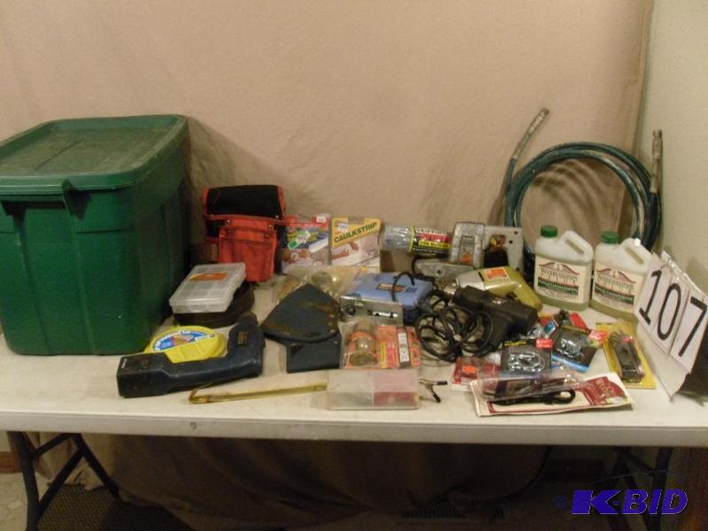 lot 107 image: Tote with Lid Full of Assorted Tools and Shop...