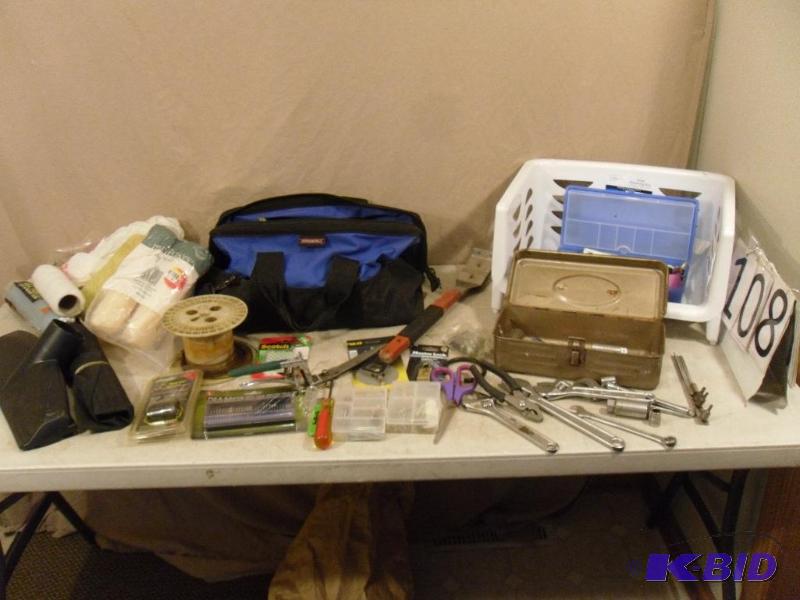 lot 108 image: Tool Bag with Assorted Tools and Hardware. Ne...