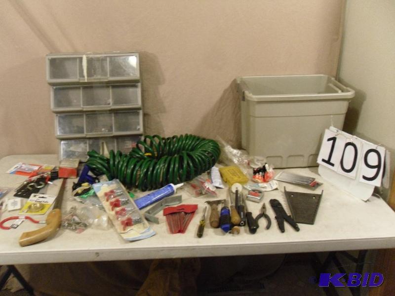 lot 109 image: Hand Tools, Hardware, Coil Garden Hose, Saw, ...