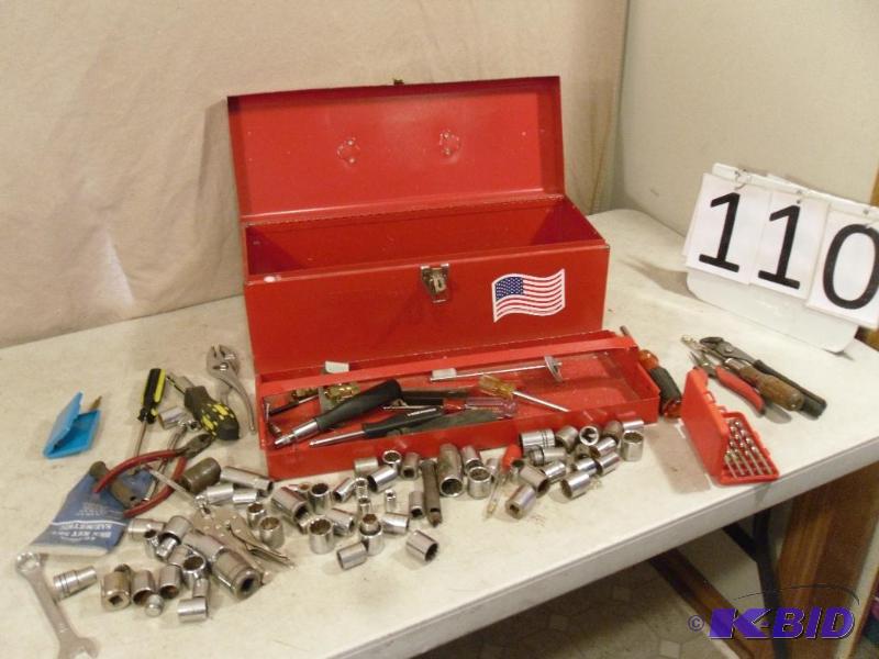 lot 110 image: Metal Tool Box with Contents. Hand Tools, Soc...