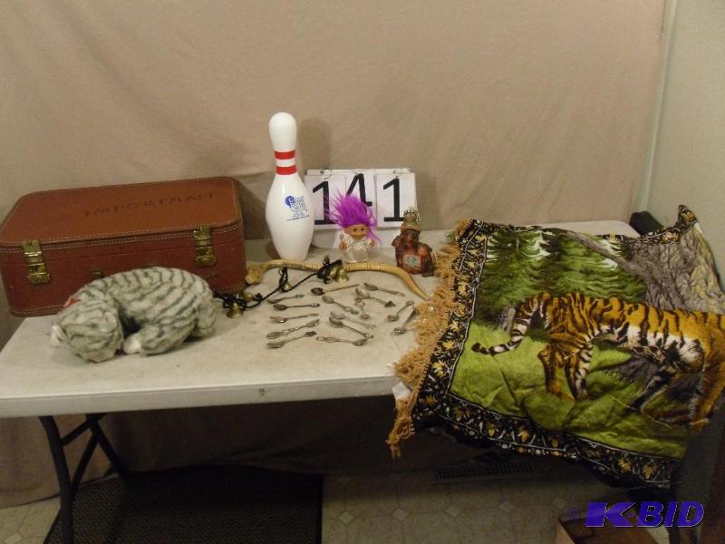 lot 141 image: Collector Spoons, Troll Doll, Bowling Pin, Be...