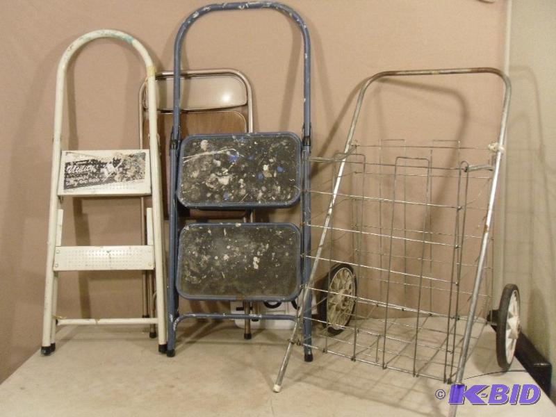 lot 160 image: Cart, 2 Step Stools, and Folding Chair. All n...