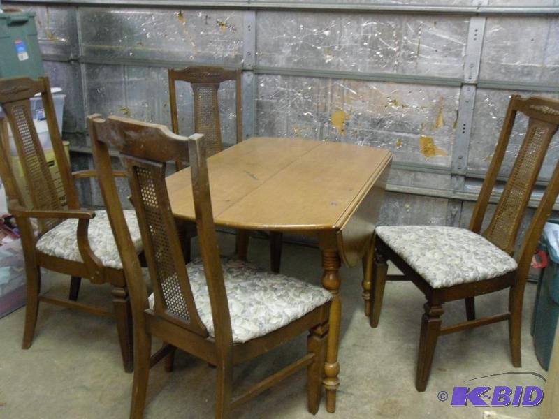 lot 182 image: Drop Side Wood Table with 4 Assorted Chairs. ...