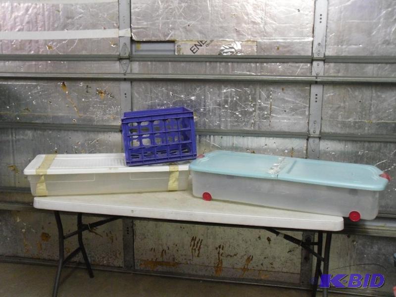 lot 185 image: Lot of 2 Storage Totes and Crate. One has whe...