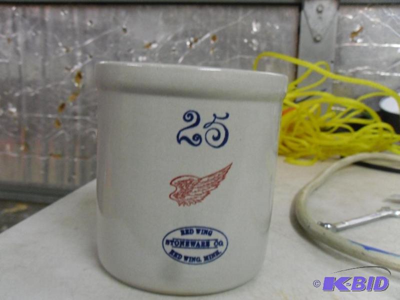lot 202 image: Small Red Wing Crock and Assorted Shop Suppli...