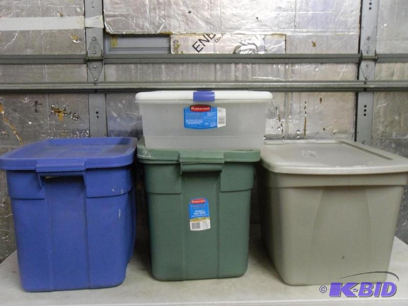 lot 204 image: Lot of 4 Assorted Totes with Lids. All need c...