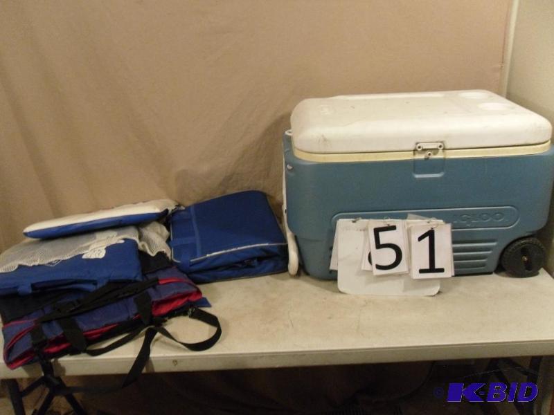 lot 51 image: Igloo Cooler on Wheels and Assorted Seat Cush...