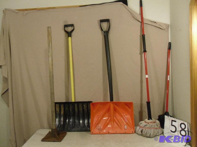 lot 58 image: Lot of Assorted Long Handled Tools. 2 Snow Sh...