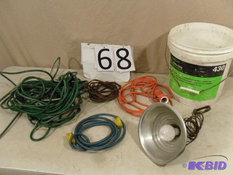 lot 68 image: Bucket with Assorted Extension Cords and Clam...