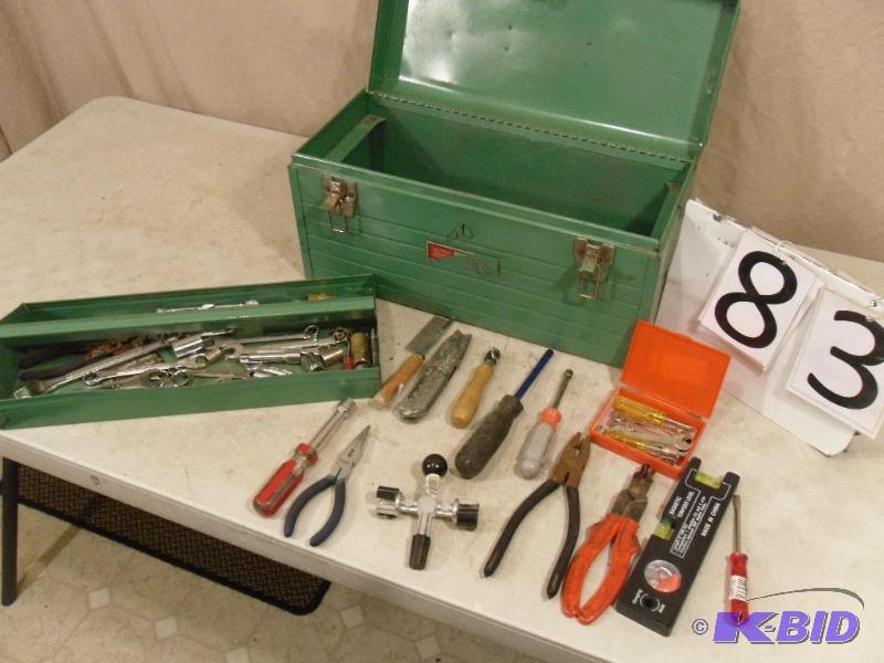 lot 83 image: Sears Metal Tool&nbspBox with Contents. Wren...