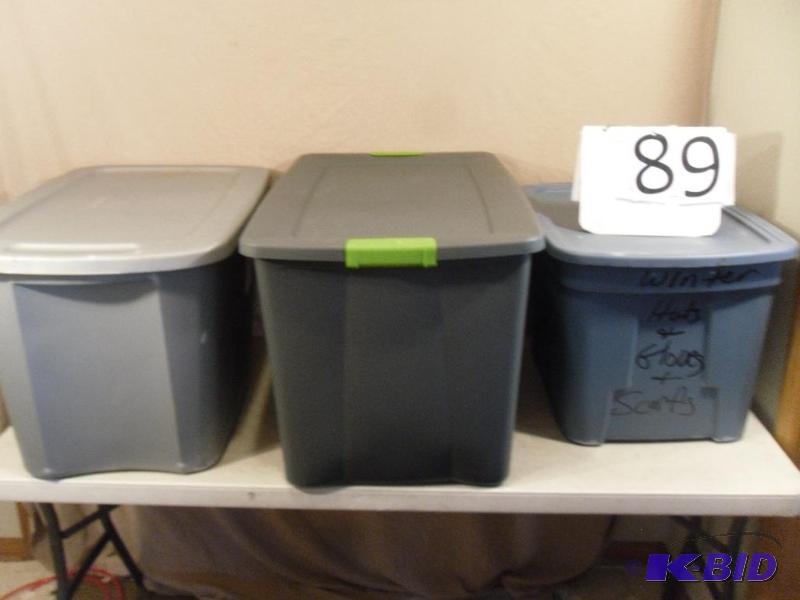 lot 89 image: 3 Large Assorted Totes with Lids. Need a litt...