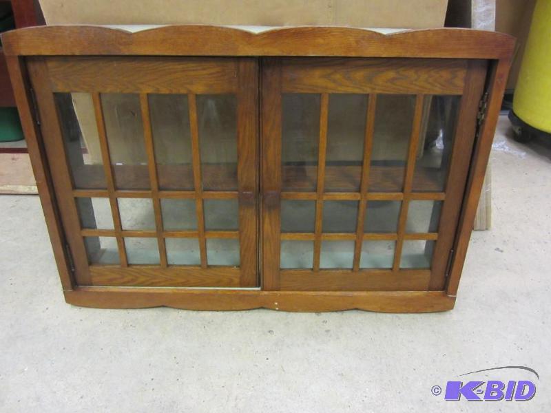 lot 00069 image: Vintage Mission Style Glass Door Cabinet Cupboard