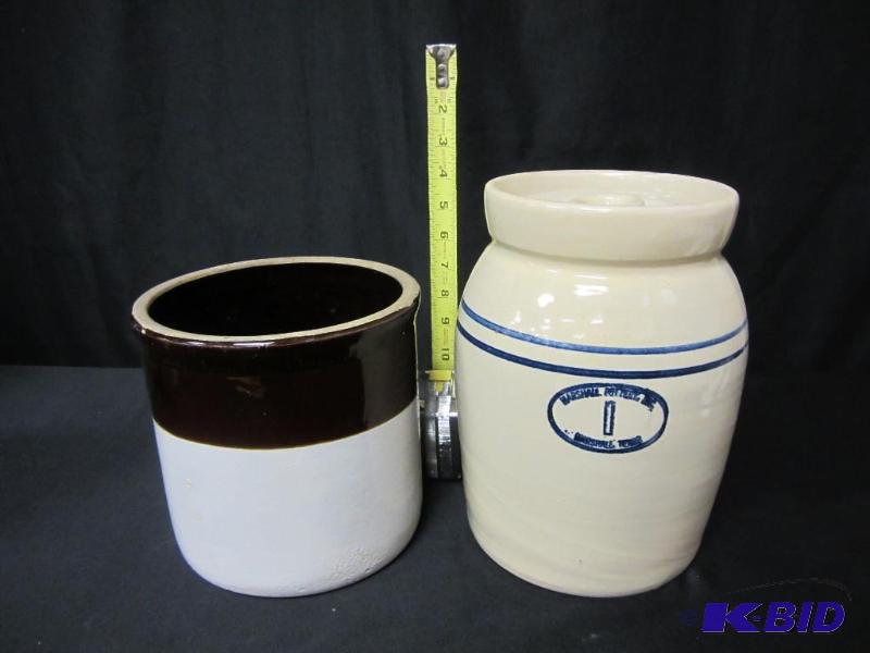 lot 00090 image: Group of Two Crocks Stoneware Butter Churn