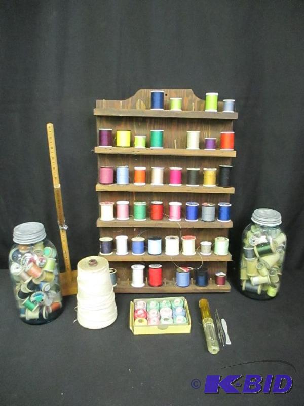 lot 00129 image: Lot of Vintage Spools, Holder, Jars, Crochet Hooks, Display