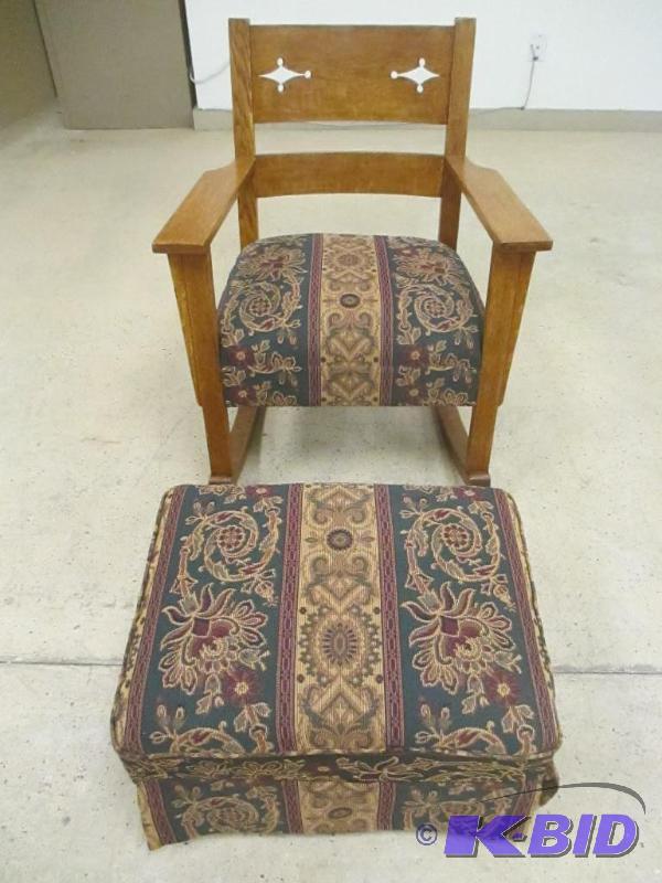 lot 10 image: Contemporary Mission Style Rocking Chair and Ottoman