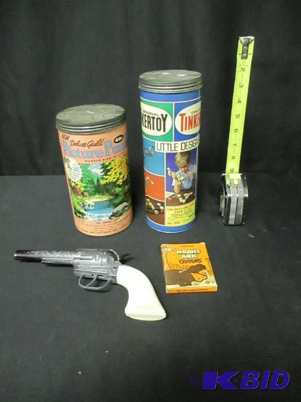 lot 106 image: Vintage Lot of Toys Cap Gun Crayons Tinker Toys Picture Puzzle