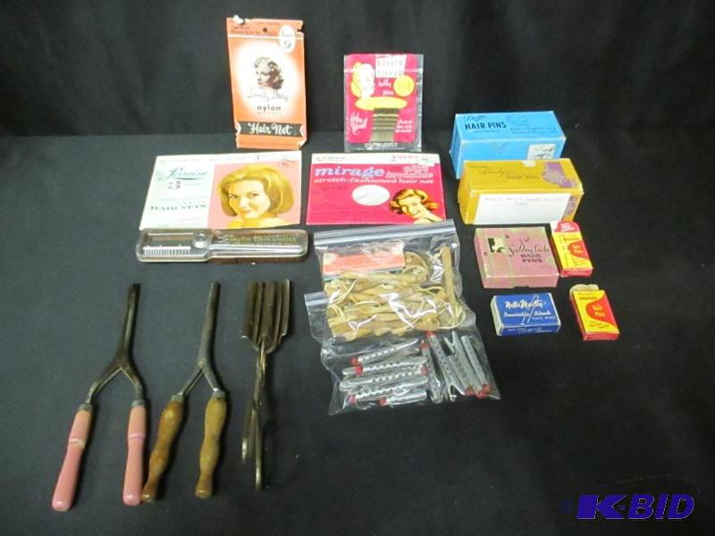 lot 107 image: Lovely Vintage Lot of Hair Items and Accessories Curling Iron Nets Curlers Pins Cutter