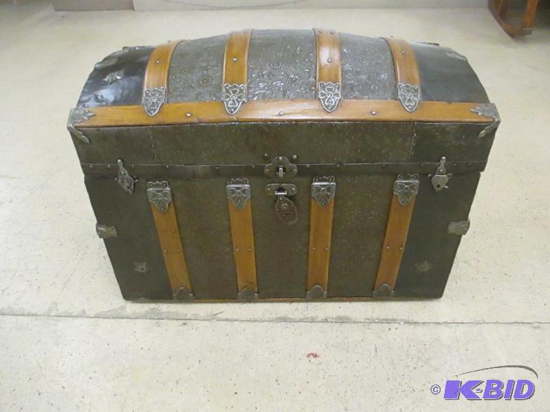 lot 12 image: Antique Ornate Patinated Metal Camel Back Trunk