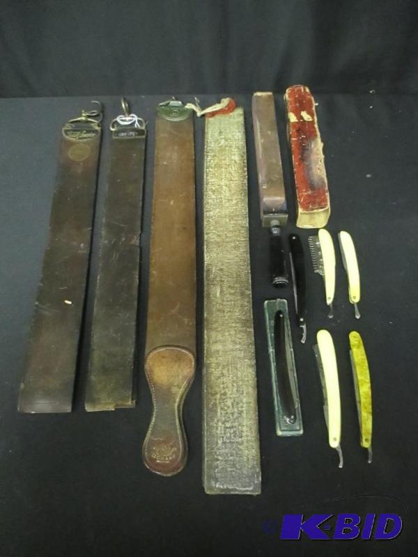 lot 120 image: Wonderful Lot of Vintage Straight Razors Leather Straps