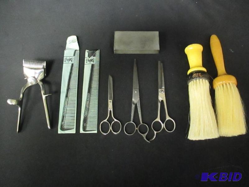 lot 122 image: Vintage Barber Set with Scissors, Brushes, Combs, Clippers, Sharpening Stone