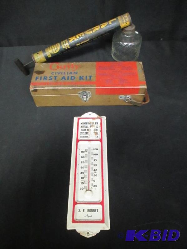 lot 126 image: Lot of Items Bug Sprayer Thermometer First Aid