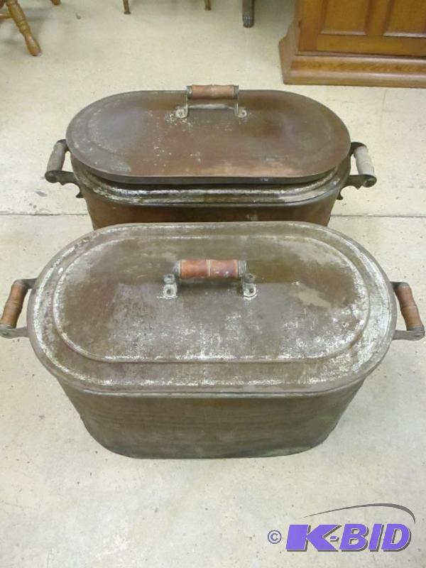 lot 31 image: Two Antique Lidded Copper Boilers Braziers
