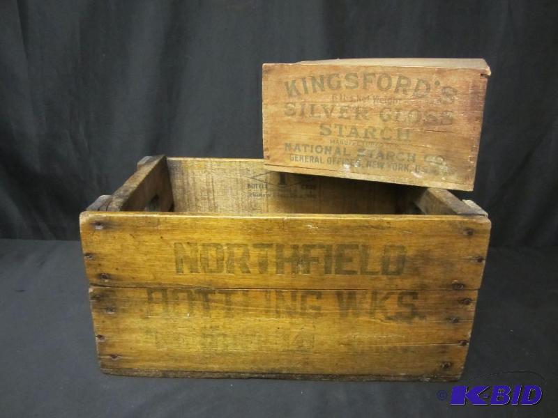 lot 44 image: Lot of 2 Antique Wood Crates Advertising Northfield Bottling Works Kingsford Starch