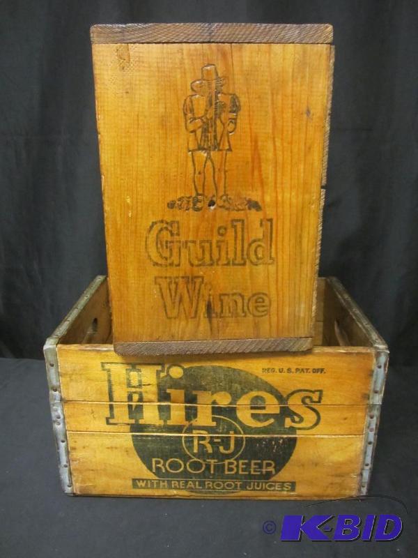 lot 50 image: Group of Two Vintage Wood Crates with Advertising Hires Rootbeer Guild Wine Crates