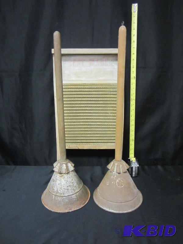 lot 54 image: Great Group of Antique Washing Tools Plungers Washboard