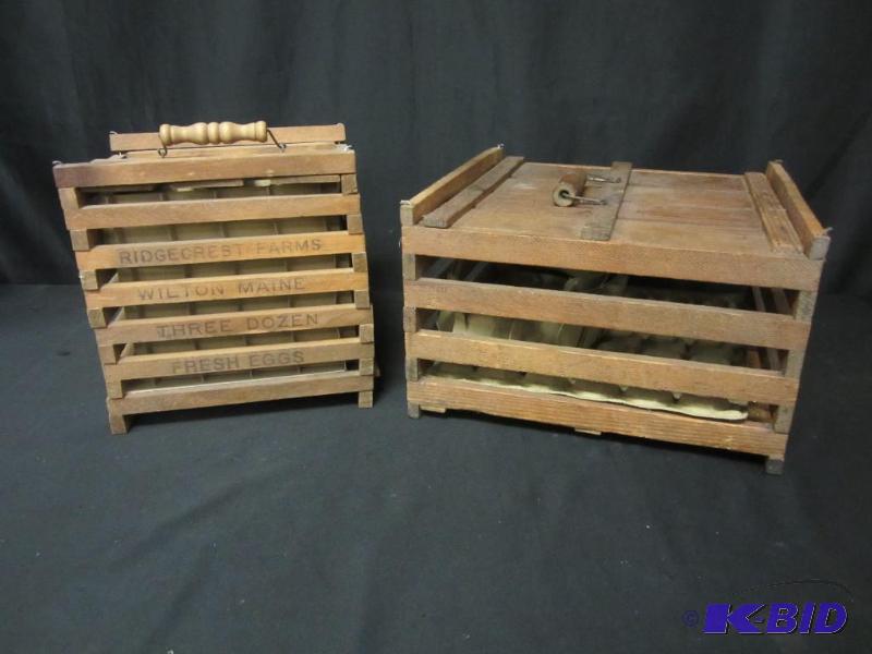 lot 56 image: Group of Two Antique Wood Egg Crates Ridgecrest Farms