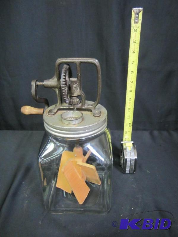 lot 75 image: Antique Hand Crank Butter Churn Glass
