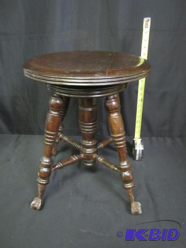 lot 76 image: Beautiful Antique Piano Stool Chair Claw Feet Glass Ball