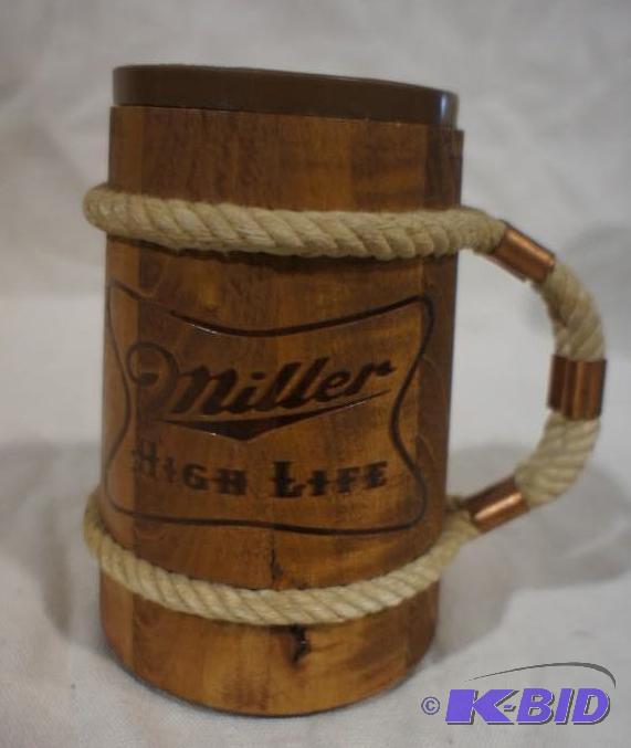 Miller High Life Wooden Mug with Rope Handle....
