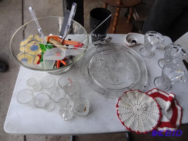 lot 122 image: Glass Bowl, Misc Shot Glasses. Glass Platter....
