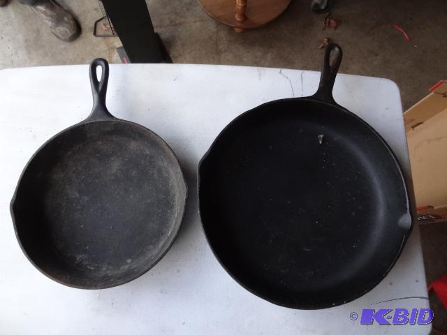 lot 143 image: 2 Cast Iron Frying Pans. Hillshire Farms. Oth...